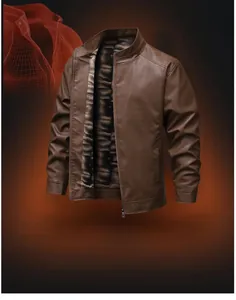 Macro view of the fleece lining and 3D tailored stitching of a brown leather jacket