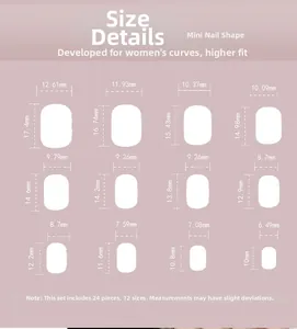 Size chart showing 24 pieces of mini press-on nails in 12 different dimensions and details