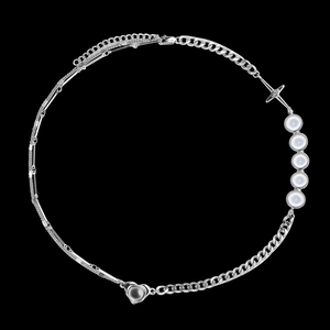 Silver cross heart necklace featuring mixed Cuban links and reflective pearl strands
