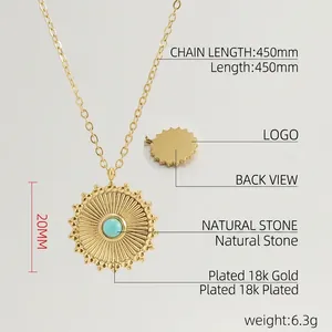 Detail showing 450mm gold chain and 20mm turquoise sunburst pendant necklace specs