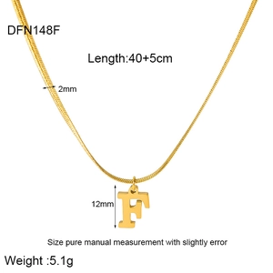 Detailed view of 18K gold plated snake chain with letter F pendant and measurements