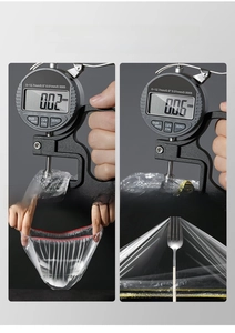 Detail showing 0.06mm thickness comparison and puncture resistance of elastic food covers