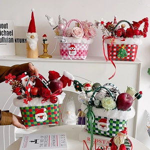 Handcrafted Christmas apple gift baskets with plush trim, roses, pinecones and festive decor