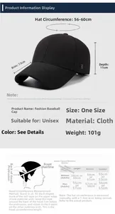 Detailed size guide for black baseball cap showing brim length and adjustable head circumference