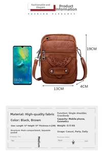 Detailed size chart of vintage brown leather crossbody bag measuring 13x19x4cm