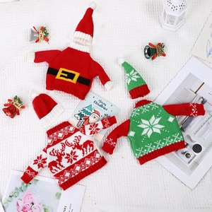 Three-piece Christmas knitted wine bottle covers with Santa and reindeer patterns