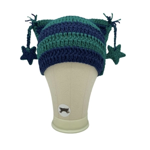 Handmade crochet cat ear beanie with green blue stripes and star charms in main view