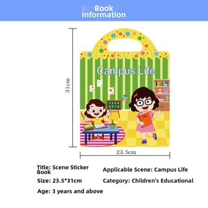 Macro view of Campus Life reusable sticker book showing dimensions 23.5x31cm and handle