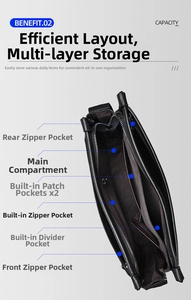 Detail view showing multi-compartment interior storage and brown lining of black crossbody bag