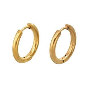 Classic gold stainless steel hoop earrings with polished finish and hinge closure