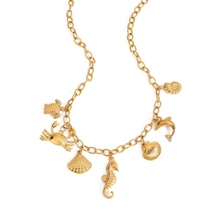 Collier en acier inoxydable plaqué or 18K avec pendentifs de mer tortue et dauphin