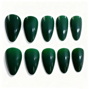 Glossy dark green press-on nails in long almond shape with mirror finish, set of 10 pieces
