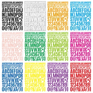 Waterproof vinyl alphabet and number stickers in twelve assorted colors for mailboxes
