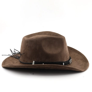 Close-up of brown suede western cowboy hat featuring woven band and silver metal buckle