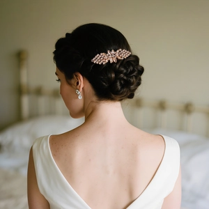 Detailed view of rose gold bridal hair comb with pink crystals on model with earrings