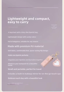 Pink PU leather lipstick pouch with heart mirror and golden metal keychain detail