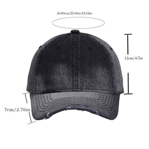 Distressed dark gray tie-dye denim baseball cap with frayed holes and sizing details