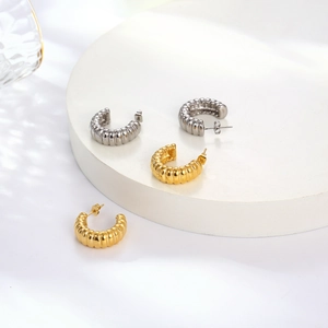 Retro C-shape croissant stainless steel hoop earrings in gold and silver finish