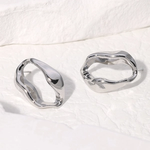 Minimalist irregular geometric hollow hoop earrings in silver-tone polished titanium steel
