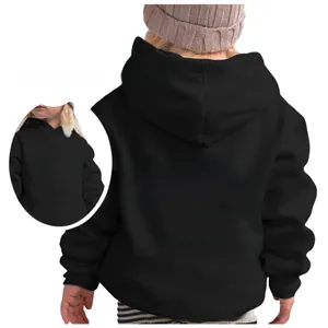 Detailed back view of black kids hoodie featuring white inspirational letter print