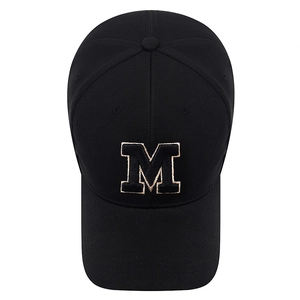 Classic black baseball cap with M letter 3D embroidery on breathable textured fabric
