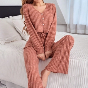 Women's dusty rose ribbed knit pajama set with long sleeves and wide leg pants