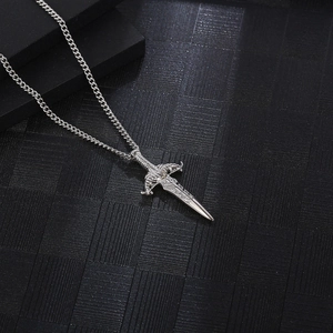 Vintage sword pendant necklace for men in silver titanium steel with black texture background