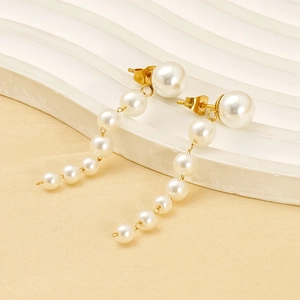 Elegant gold-plated long pearl drop earrings with gradient sized white pearls for women