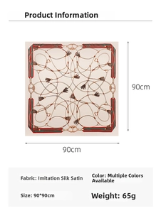 Detailed size chart for 90x90cm satin square scarf with vintage equestrian print