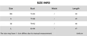 Size chart for women's printed crop top showing bust and length measurements in centimeters