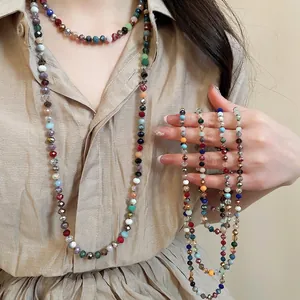 Bohemian Long Beaded Sweater Chain Necklace Faceted Colorful Glass Crystal Vintage Jewelry For Women