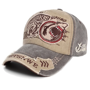 Vintage baseball cap with shark embroidery and distressed grey-khaki patchwork design