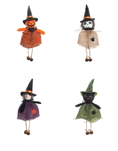 Halloween hanging decor set featuring pumpkin, ghost, witch, and black cat with bells