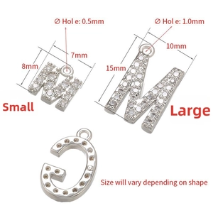 Size comparison of S925 silver micro-pave zircon letter M and G jewelry charms