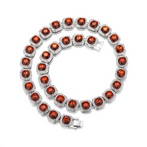 10mm silver Cuban chain necklace with square red stones and clear crystal accents