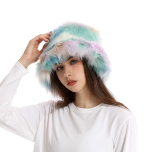 Detail of colorful faux fur bucket hat with soft macaron tones for winter warmth