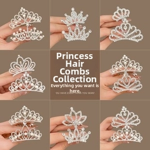 Collection of eight silver crown hair combs with sparkling rhinestones and white pearls