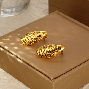 Shell Stud Earrings Stainless Steel 18K Gold Plated Textured Irregular Ridged Vintage Retro Style For Women