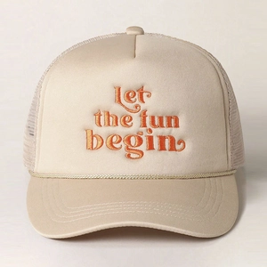 Beige trucker hat with orange 'let the fun begin' embroidery and mesh back panel