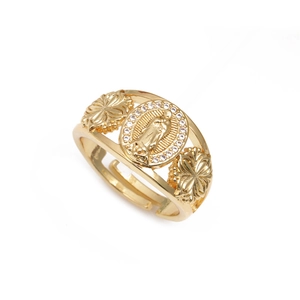 Adjustable golden ring with Our Lady of Guadalupe relief and sparkling crystals