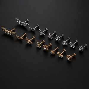 Titanium steel labret and helix piercing jewelry set with sparkling zircon in gold and silver