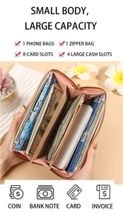 Pink zip-around wallet interior with 8 card slots, phone pocket, and spacious compartments