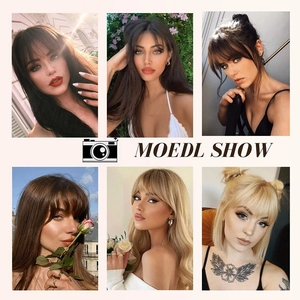 Detailed view of air bangs hair extensions in various colors on professional models