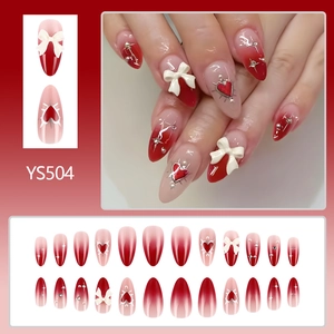 3D butterfly and red heart press-on nails with rhinestone accents 24pcs YS504