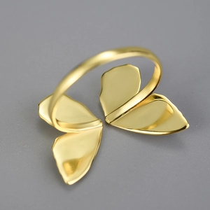 Elegant gold butterfly S925 sterling silver open adjustable ring for women in high polish