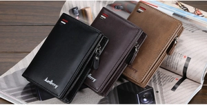 Three men's short leather wallets in black and brown with stylish striped details
