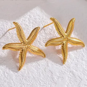 Vintage 18K Gold Plated Stainless Steel Starfish Stud Earrings Exotic Marine Animal Geometric Design Jewelry For Women
