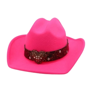 Ethnic style bright pink felt cowboy hat with heart buckle and rhinestone hatband