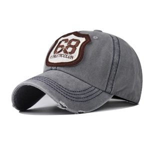 Close-up of vintage distressed grey baseball cap featuring a 68 athletic club embroidery