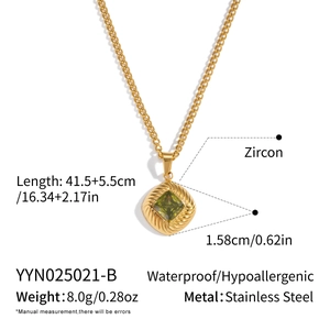 Detailed view of vintage square green zircon pendant with size specs and stainless steel chain